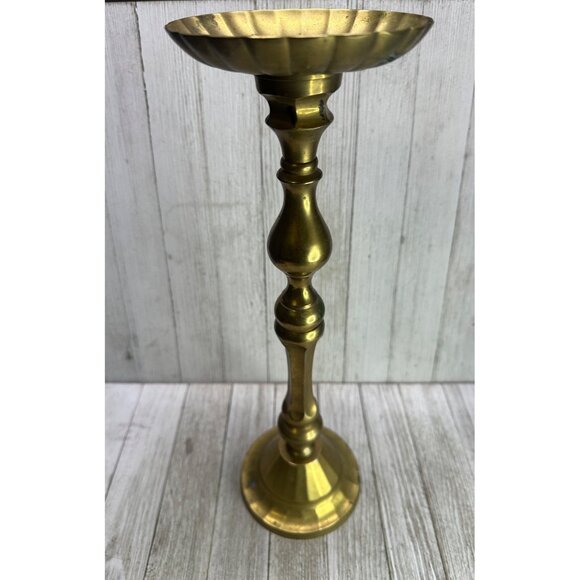 Vintage Brass Large Pillar Candle Stick Holder Scalloped Top 15" Tall Home Decor - Picture 1 of 8